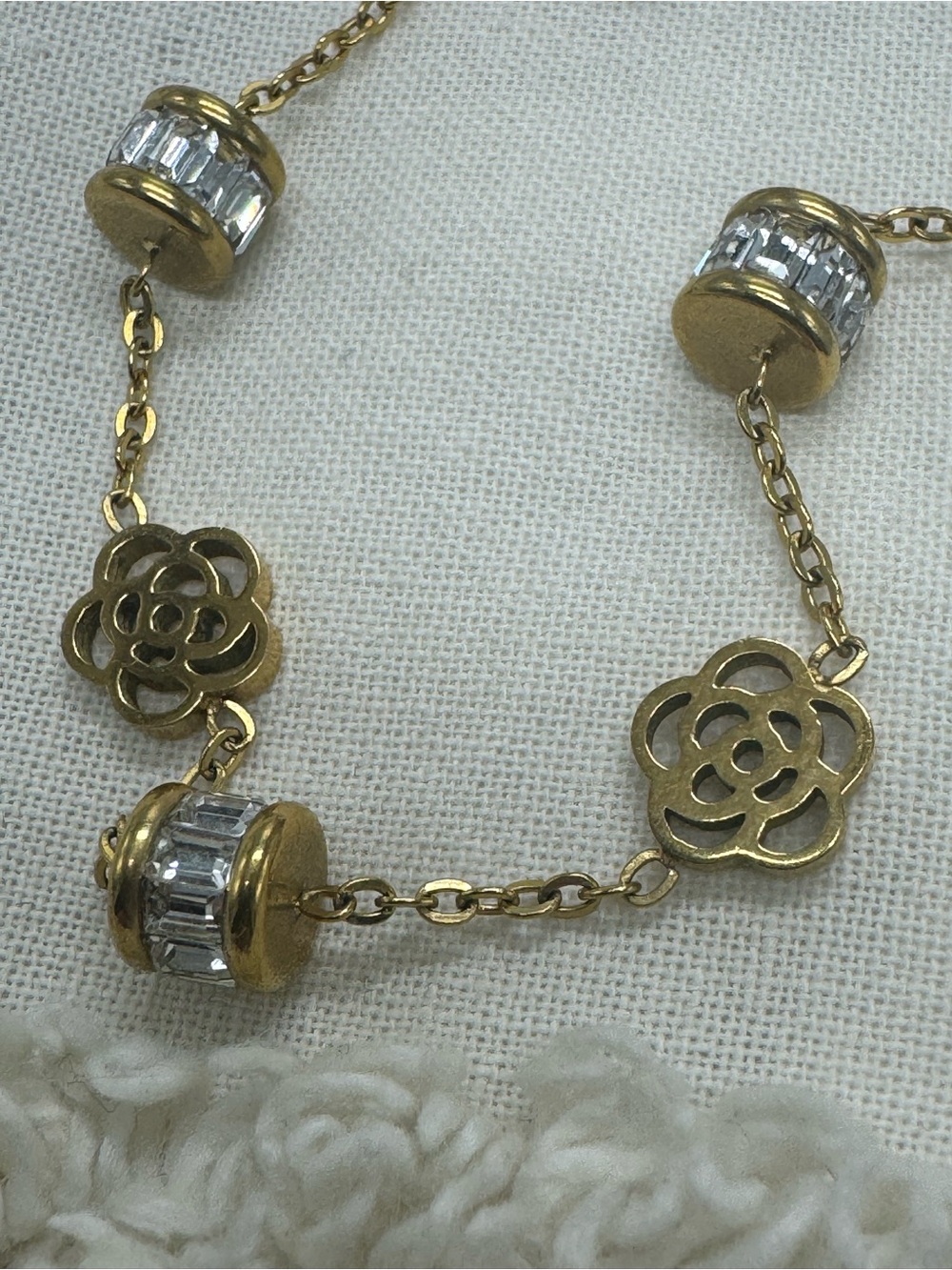 14K Gold Plated Steel Floral Crystal Charm Bracelet